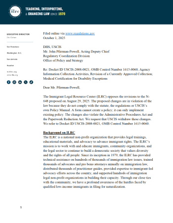 ILRC Comment Opposing Revisions to N-648, Medical Certification